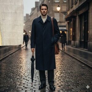 Vintage 80s London Fog 40R $215 Navy Cotton Blend Overcoat Warm Removable Liner